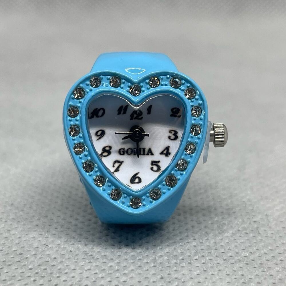 Retro Blue Enameled Stainless Steel Stretch Band Ring Watch With Rhinestones